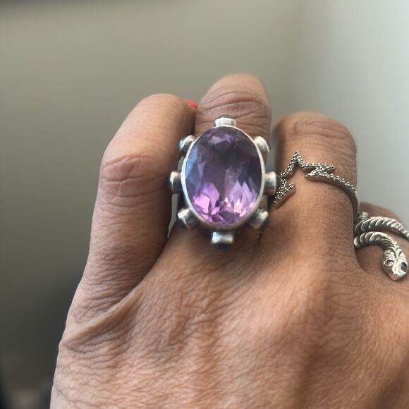 Elegant Amethyst and Moonstone Gemstone Sterling Silver Ring - Picture 1 of 4